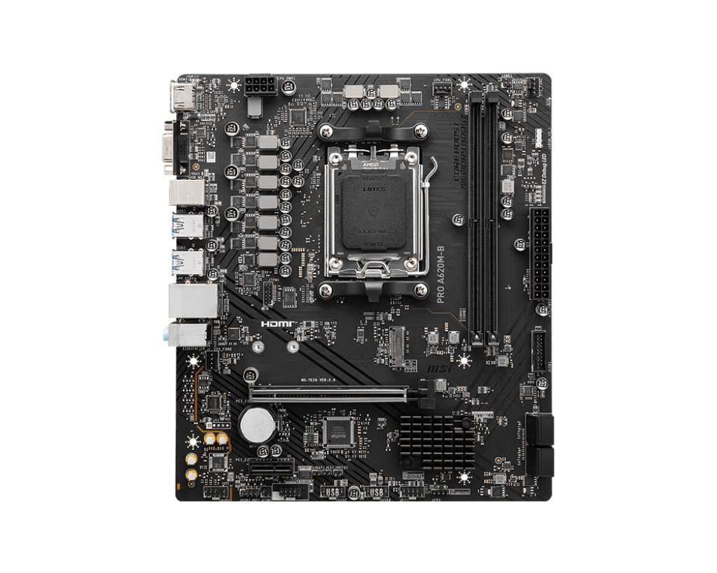 MSI PRO A620M-B Mainboard Micro-ATX, Sockel AM5, DDR5 128 GB, 2x DIMM, 2.5GbE, HDMI 2.1, M.2, SATA, RAID