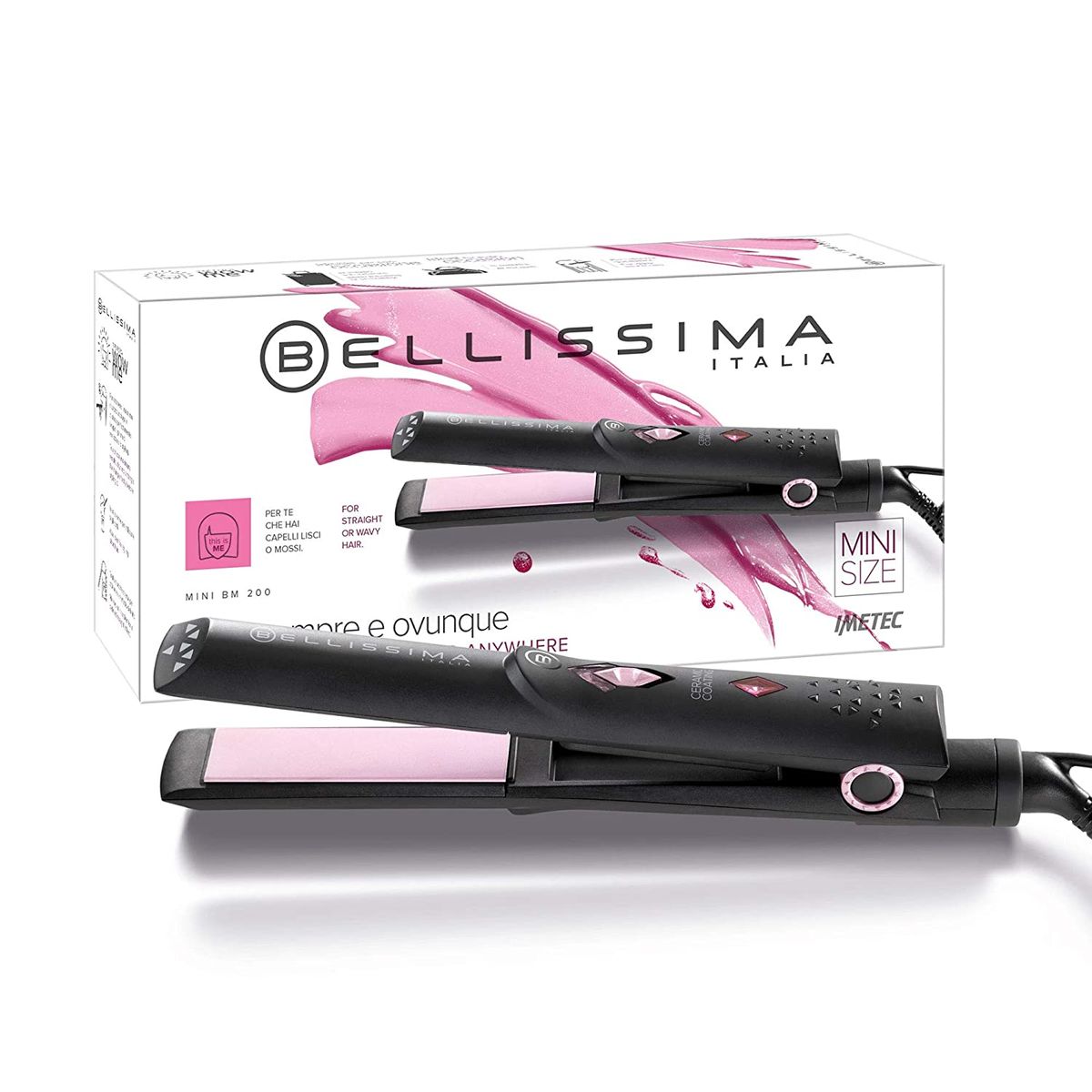Imetec Bellissima BM 200, mini straightener for smooth and shiny hair, temperature: 200 C, hair straightener, automatic multiple voltage, compact, ideal for travel.
