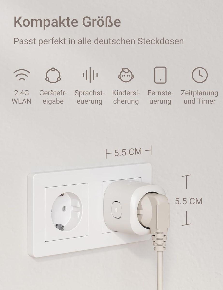 Nooie NSP11-2 Smart Steckdose mit Strommessung, 2er Pack, WLAN 2,4 GHz, Energieverbrauch messen, Smart Life & Tuya, Alexa & Google Home, EU Typ F