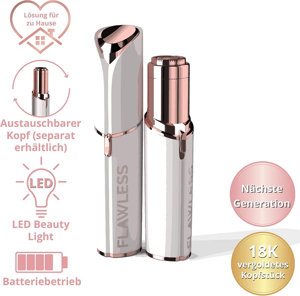 Finishing Touch Flawless Gesichtshaarentferner der neuen Generation. Schmerzfreie Haarentfernung für empfindliche Haut hypoallergen 18-karätigen vergoldeten Scherkopf inkl. Batterie