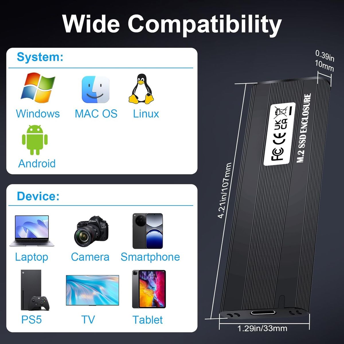 Vemfay Vemfay M.2 NVMe Gehäuse, USB 3.2 Gen 2 10 Gbit/s, USB-C Adapter für NVMe PCIe M-Key/M+B Key, Aluminium, Werkzeuglos, kompatibel mit 2230/2242/2260/2280