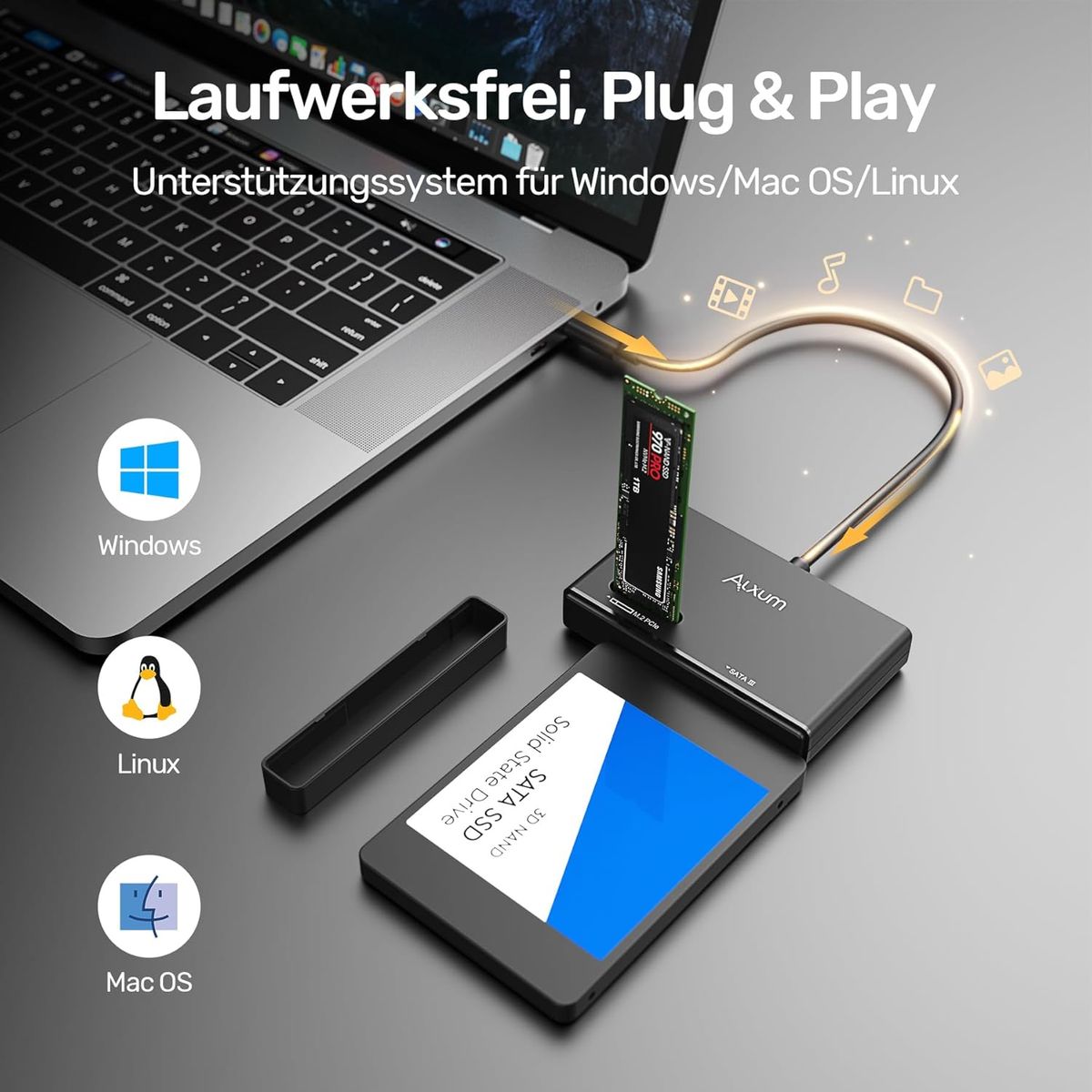 Alxum M.2 NVME Gehäuse und SATA USB Adapter - USB 3.2 Typ C 10Gbps für 2,5"/3,5" Festplatten - Unterstützt PCIe/NVMe SSDs und AHCI SATA SSDs & HDDs