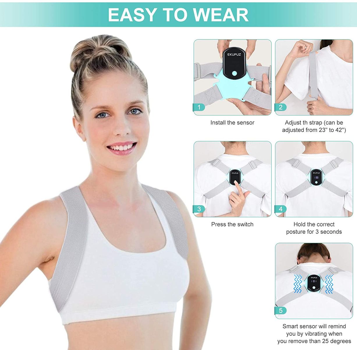 EKUPUZ-H Posture Corrector Back Support Intelligent Back Straightener Shoulder Strap Posture Trainer with Sensor Vibration Reminder, Improve Neck Back Shoulder Pain