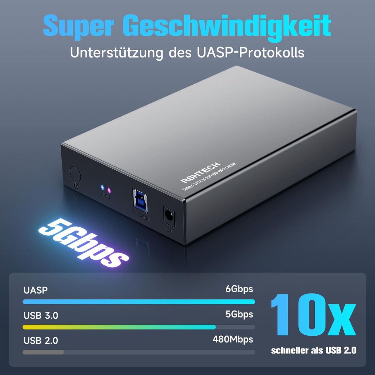 RSHTECH Aluminium USB 3.0 Externe Festplattengehäuse 2,5''&3,5'' USB 3.0 SATA Festplatte Gehäuse für SSD & HDD, mit 2-in-1 Kabel (Typ-A&C), 24W Netzteil, unterstützt UASP, Automatische Schlaffunktion RSH-339ST