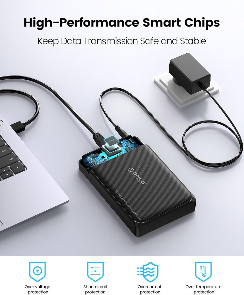 ORICO Festplattengehäuse 3,5 Zoll, USB 3.0 Werkzeugloses Externes Gehäuse für 3,5, 2,5 Zoll SATA HDD/SSD Maximal 20TB, Unterstützt UASP, mit 12 V/ 2A Netzteil, Kompatibel mit WD Seagate Toshiba. USB A