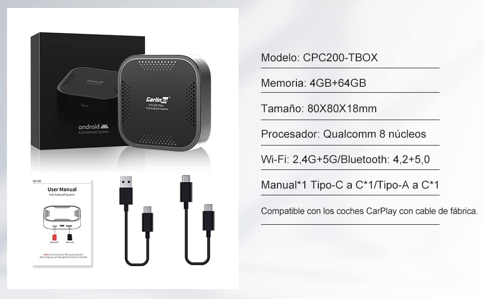 CarlinKit Ai Box Wireless CarPlay, unterstützt 4G Cellular, Wireless Android Auto, Konvertieren Sie kabelgebundenes CarPlay auf Android-System, 4 + 64 G, Snapdragon 8 Core Prozessor, Dual Bluetooth AIBOX-IOS