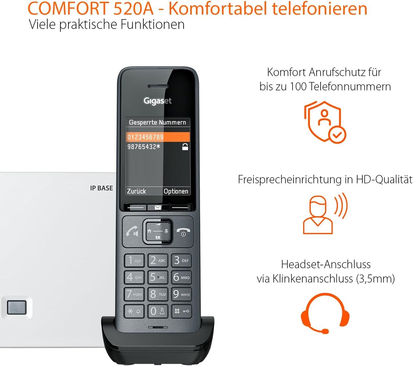 Gigaset Comfort 520A IP Base - DECT-Basis-Station mit Telefon und Anrufbeantworter, bis zu 6 Mobilteile, VoIP, Zugriff auf Google & Office 365-Kontakte [Kompatibel in DE, IT, FR, NL, BE, Che, AUT] 1 Telefon mit AB und IP BASE