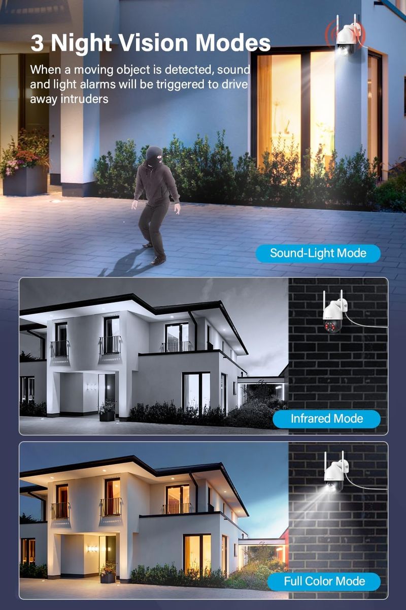 Jennov JK7059 4 Kameras 5MP 360° PTZ Außen-Überwachungskamera-Set, 10-Zoll-Monitor, 10CH Wireless NVR, 2-Wege-Audio, Spotlight-Alarm, Farb-Nachtsicht, 1TB HDD