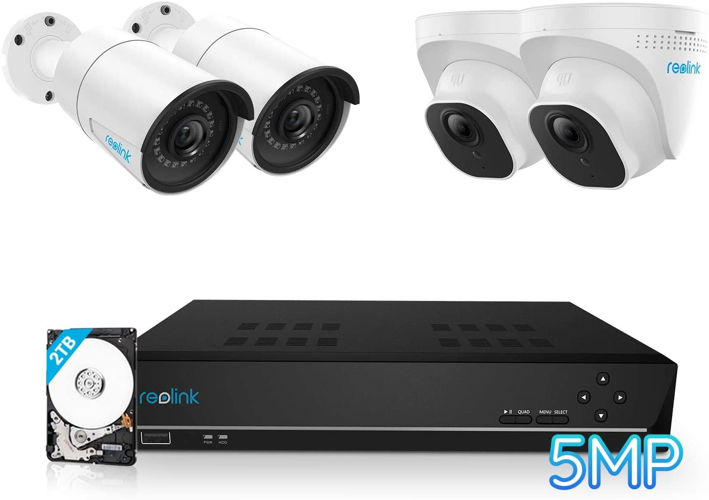 Reolink RLK8-410B2D2-5MP PoE Surveillance Camera System with 4 x 5 MP Outdoor IP Cameras with 8 Channel NVR 2TB Hard Drive Audio German App PC Software Browser Enabled