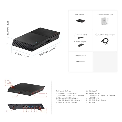 ASUSTOR FS6812X FLASHSTOR 12 Pro Gen2 NAS, 12x M.2 NVMe Slots, AMD Ryzen Quad-Core 2.3 GHz, 16GB ECC DDR5, Dual 10GbE, USB4 Type-C