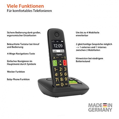 Gigaset E290A Schnurlostelefon mit Anrufbeantworter, extra großen Tasten, großem Display, schwarz