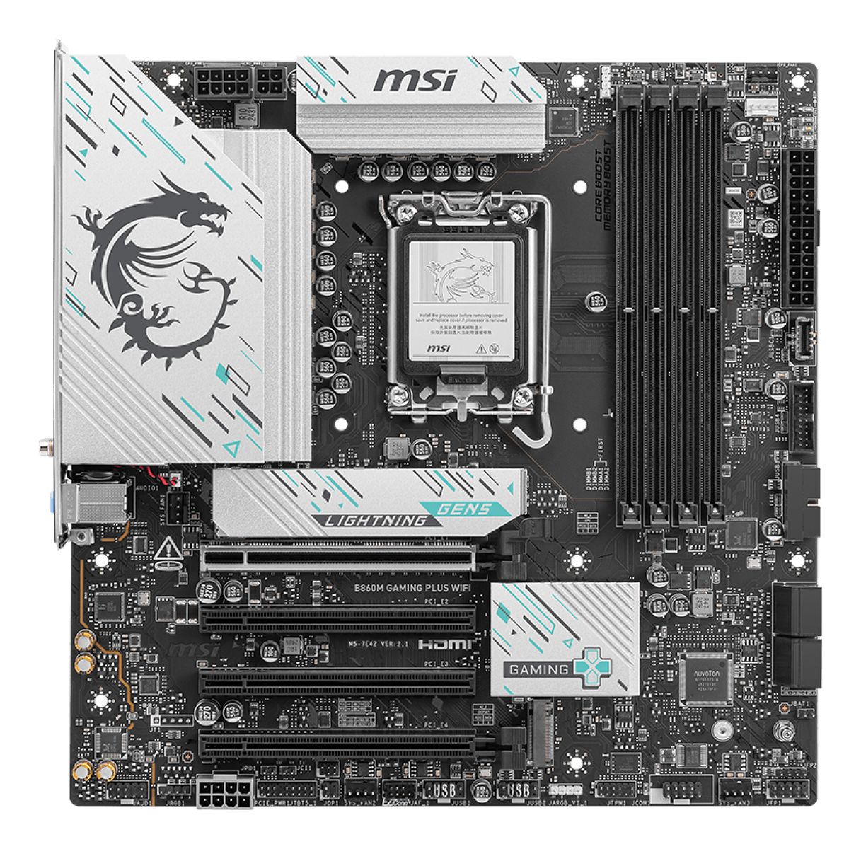 MSI B860M GAMING PLUS WIFI Mainboard, Intel B860, LGA 1851 (Socket V1), micro ATX, DDR5, 4x DIMM, Wi‑Fi 7, 5 Gbit Ethernet, Bluetooth 5.4, 3x M.2, HDMI 2.1