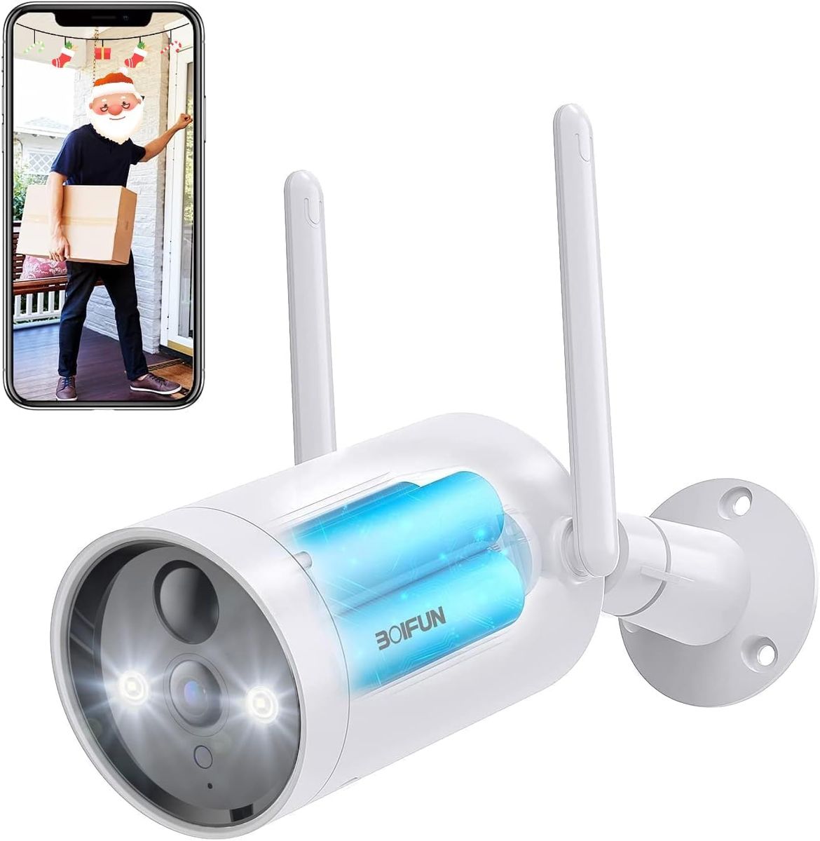 BOIFUN CAM41 2K Außen-Überwachungskamera, Akku 10400mAh, Kabellos WLAN, Doppelantenne, PIR-Bewegungsmelder, 110dB Alarm, Farbnachtsicht 20m, 4MP
