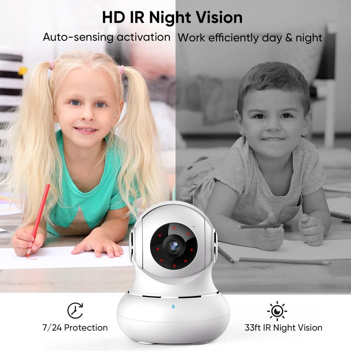 Crzwok Indoor Camera, 1080P Home Security Camera, Pet Camera with Phone App,Night Vision, Motion Detection, 2-Way Audio, 360 Degree WiFi Camera Wireless for Baby/Dog/Nanny, Work with Alexa(White)