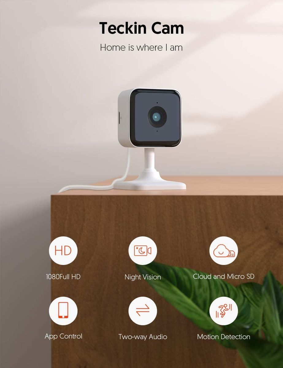 TECKI Cam 1080P FHD Indoor Wi-Fi Smart Home Security Camera Night Vision 2 Channel Audio Motion Detection