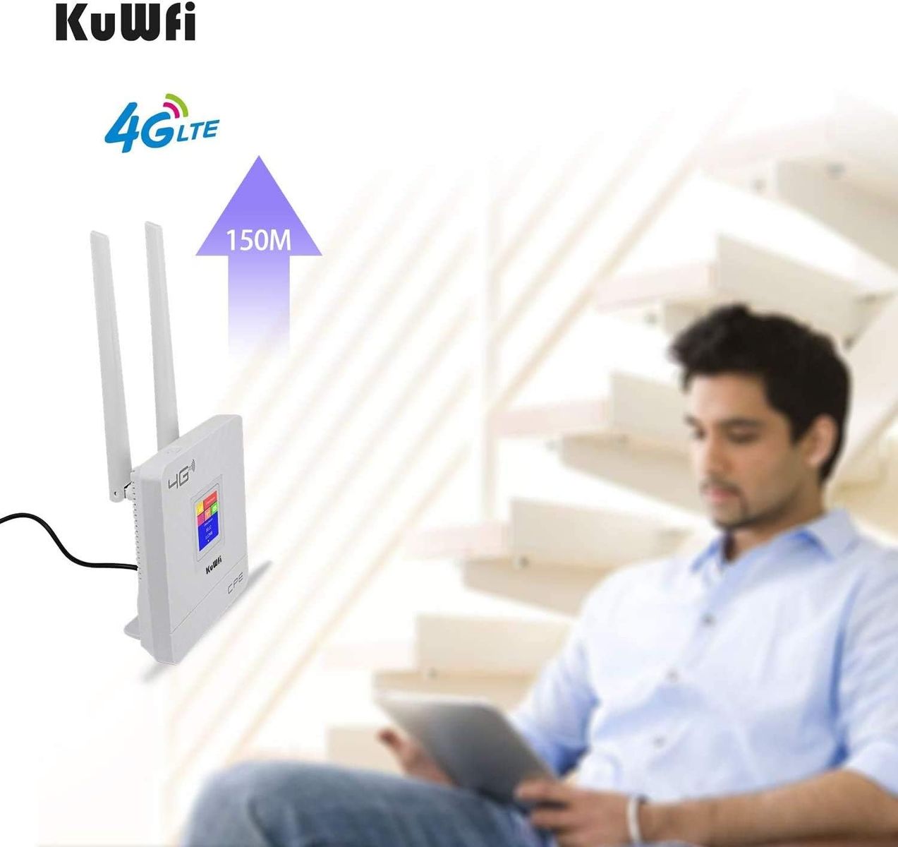 KuWFi 4G LTE WLAN Router, 4G LTE CPE-Router Cat4 Wireless CPE-Router Zwei Externe Antennen für Zuhause/Büro 4G|Wi-Fi N300 CAT4