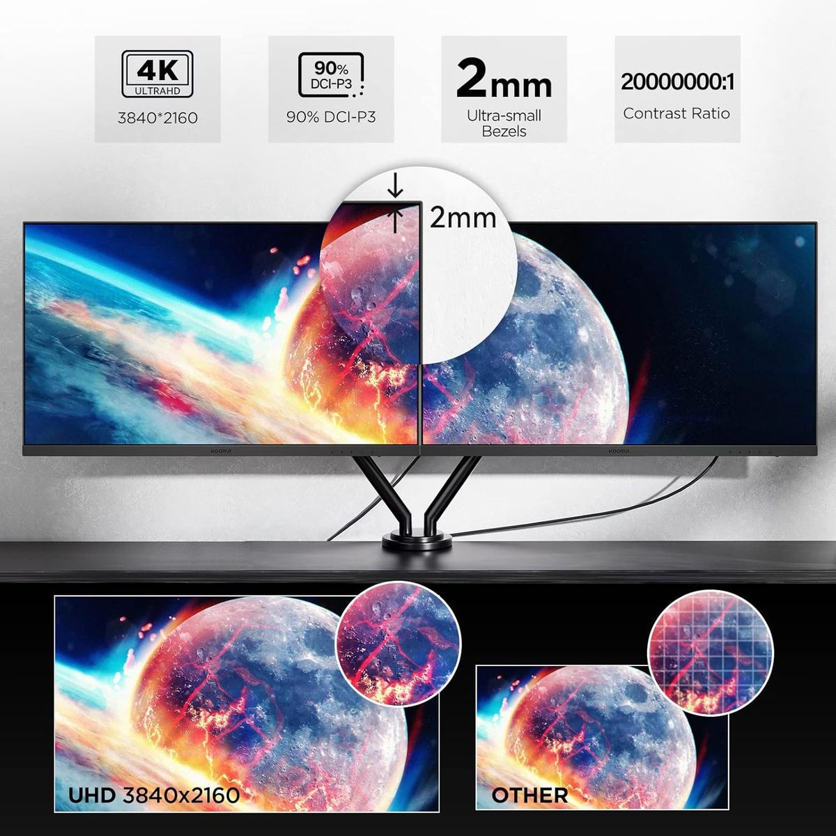 KOORUI Monitor 27 Zoll, 4K PC Bildschirm UHD(3840 * 2160), IPS, 4ms, 60Hz, 2X HDMI 2.0 & DisplayPort 1.4, Adpitive Sync, HDR10, VESA 100 * 100mm, 90% DCI-P3, Eye Care, Schwarz