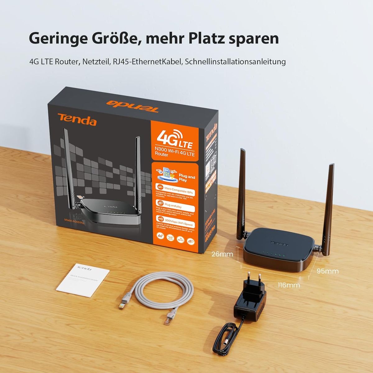 Tenda 4G03 Pro 4G LTE Router, WLAN Router für Nano-SIM-Karten (N300 CAT4, 150 Mbit/s im Download, 300 Mbit/s 2,4GHz) 2*4dBi Antennen, Plug & Play, Fast-Ethernet-Port, App, Router Modus, LED, Schwarz 4G03 Pro|Wi-Fi N300 CAT4