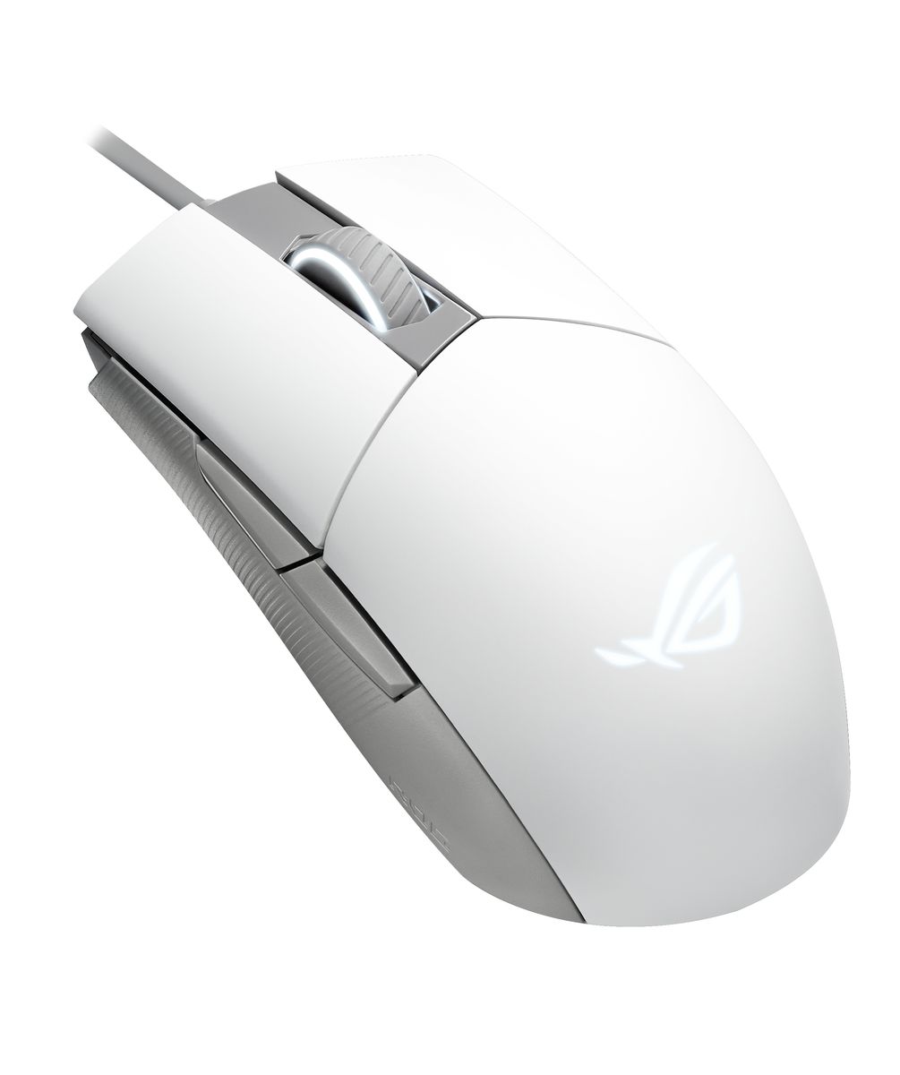 ASUS ROG Strix Impact II Moonlight White Gaming-Maus, beidhändig, kabelgebunden USB Typ-A, optischer Sensor 6200 DPI, 5 Tasten, RGB, 1000 Hz, 79 g