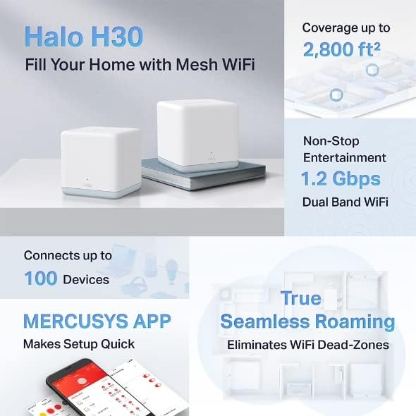 Mercusys AC1200 Whole Home Mesh Wi-Fi System, Abdeckung bis zu 2.800 ft² (260 m²) Verbinden Sie bis zu 100 Geräte, schnelle Anschlüsse, Dual Band Wi-Fi, einfache App Steuerung, Halo H30 (2er-Pack)