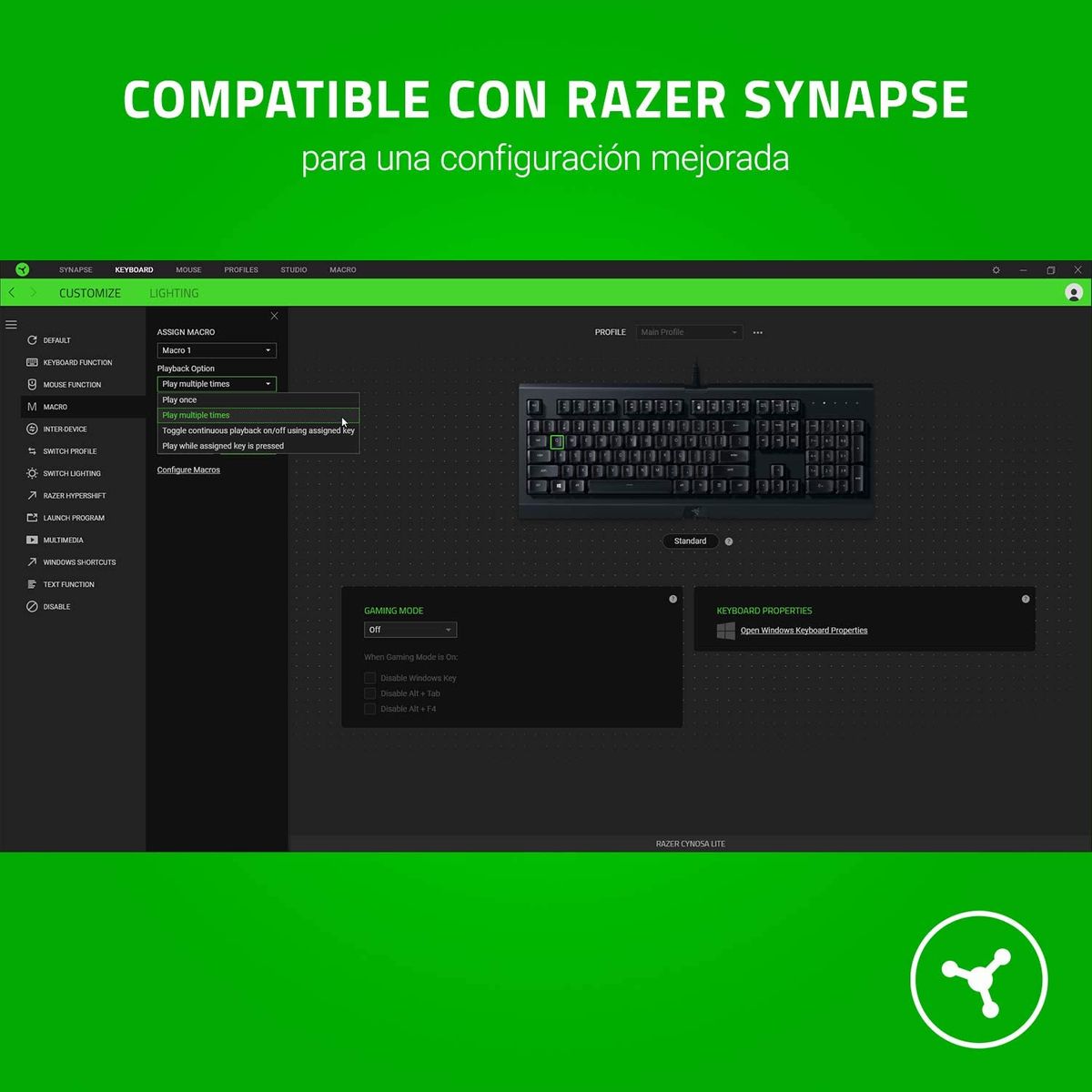 Razer Cynosa Lite Gaming Keyboard Membrane Switches TKL Chroma RGB ESP Layout - QWERTY