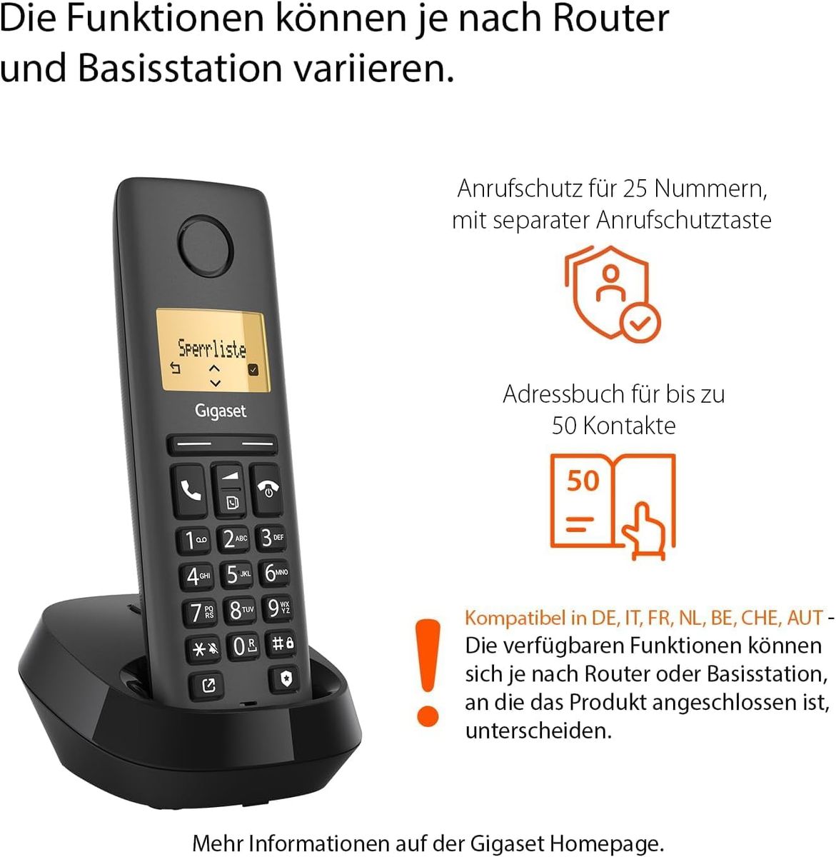 Gigaset Pure 120 - Schnurloses Telefon mit Anrufschutz und ECO DECT - beleuchtetes Display - Hörgerätekompatibel, anthrazit schwarz [Kompatibel in DE, IT, FR, NL, BE, Che, AUT]