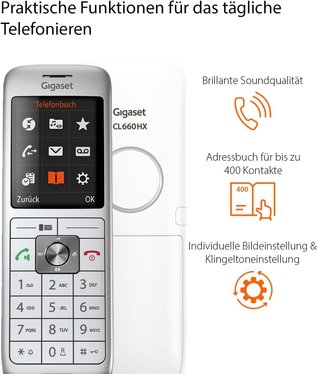 Gigaset CL660HX - design DECT-Mobilteil mit Ladeschale - Fritzbox-kompatibel - hochwertiges Schnurloses Telefon für Router und DECT-Basis, weiß
