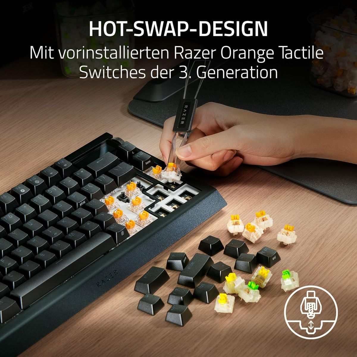 Razer BlackWidow V4 Pro 75% - Kabellose Hotswap-Gaming-Tastatur - OLED-Display (Command Dial, Konnektivitu00e4t 4K Hz & Bluetooth, Razer Snap Tap, magnetische Handballenauflage) Schwarz - (USA Layout - QWERTY)