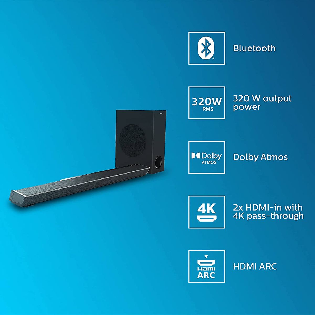Philips Audio Bluetooth PB603/10 Soundbar TV Dolby Atmos 300 Watt Subwoofer
