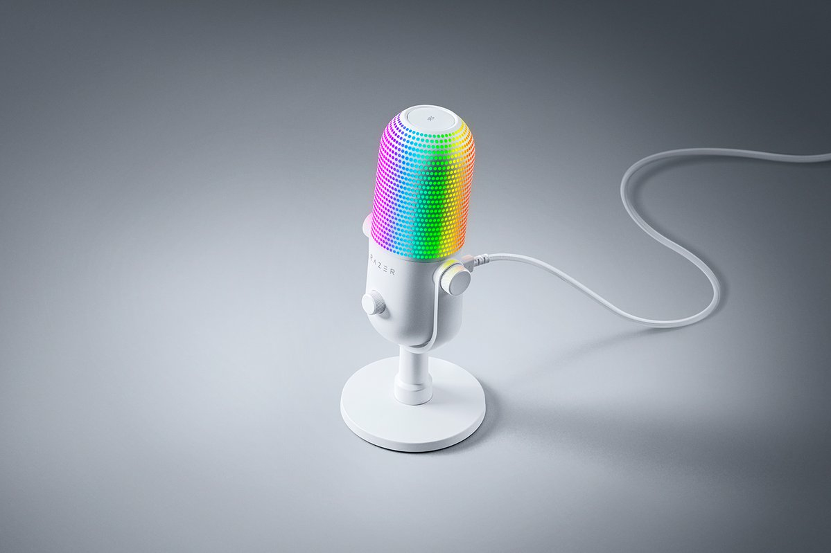 Razer Seiren V3 Chroma - RGB USB-Mikrofon - Supernieren Kondensator-Mikrofon mit Tap-to-Mute (Reaktive Beleuchtung, Digitaler Verstärkungsbegrenzer und integrierter Schockdämpfer) Weiß
