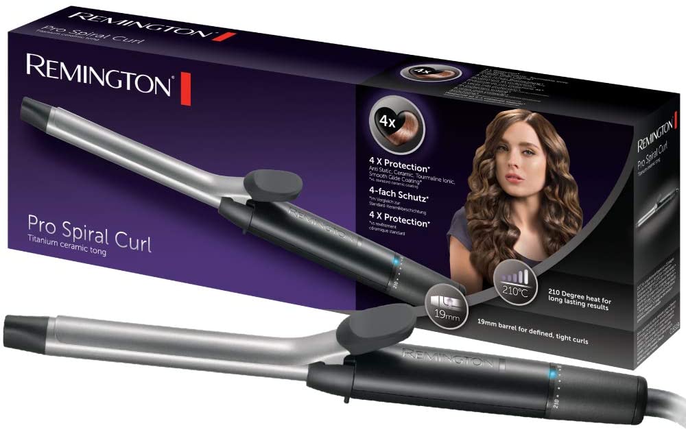Remington curling iron Pro Spiral Curl, 19mm for defined ringlet curls, 4-fold protection, high-quality, anti-static ceramic tourmaline coating, 8 temperature settings, silver/gray