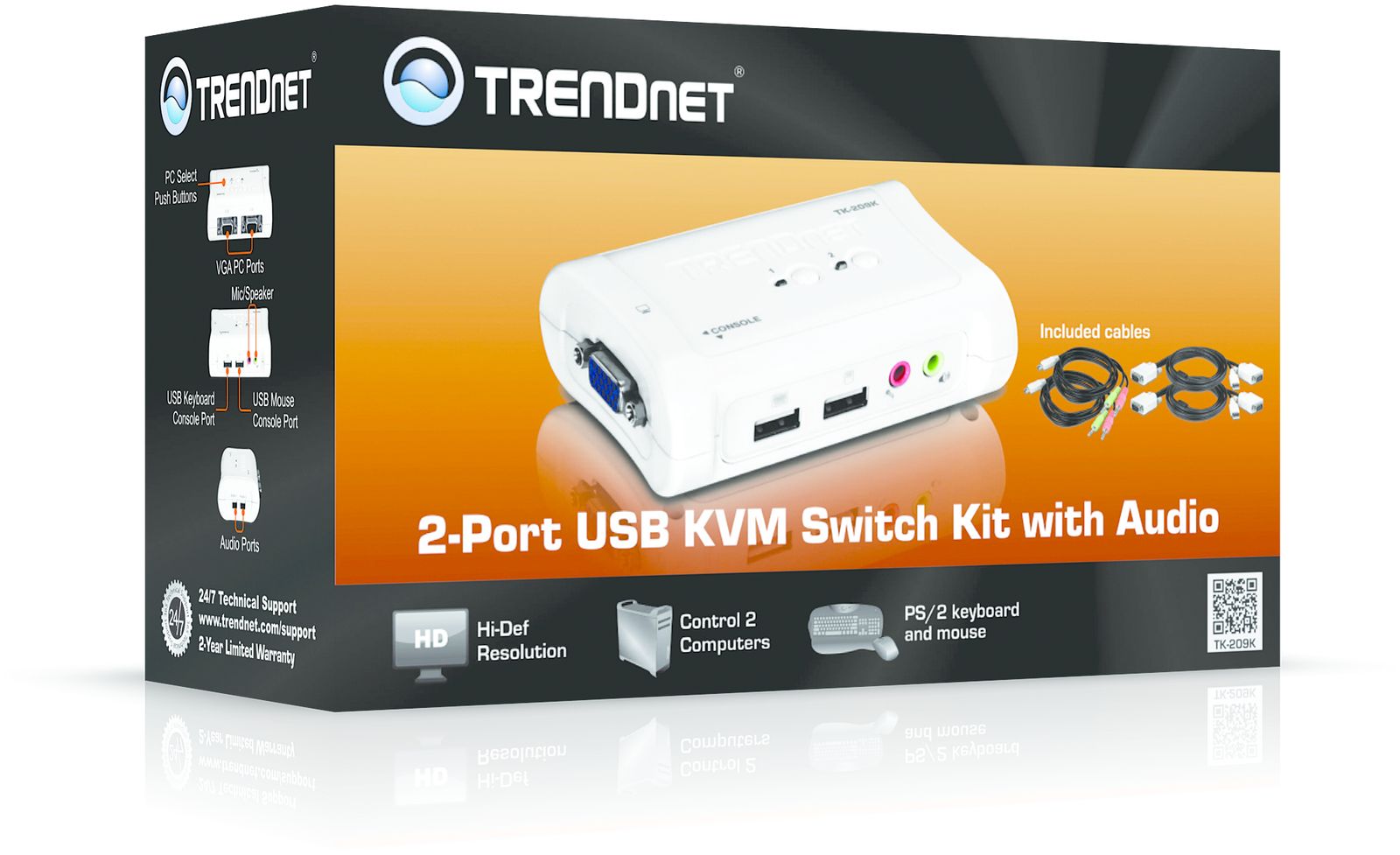 TRENDnet TK-209K 2-Port USB KVM Switch und Kabel Kit mit Audio (Verwalten von zwei PCs, USB 1.1, Hot-Plug, Auto-Scan, Hot-Keys, Windows und Linux kompatibel)