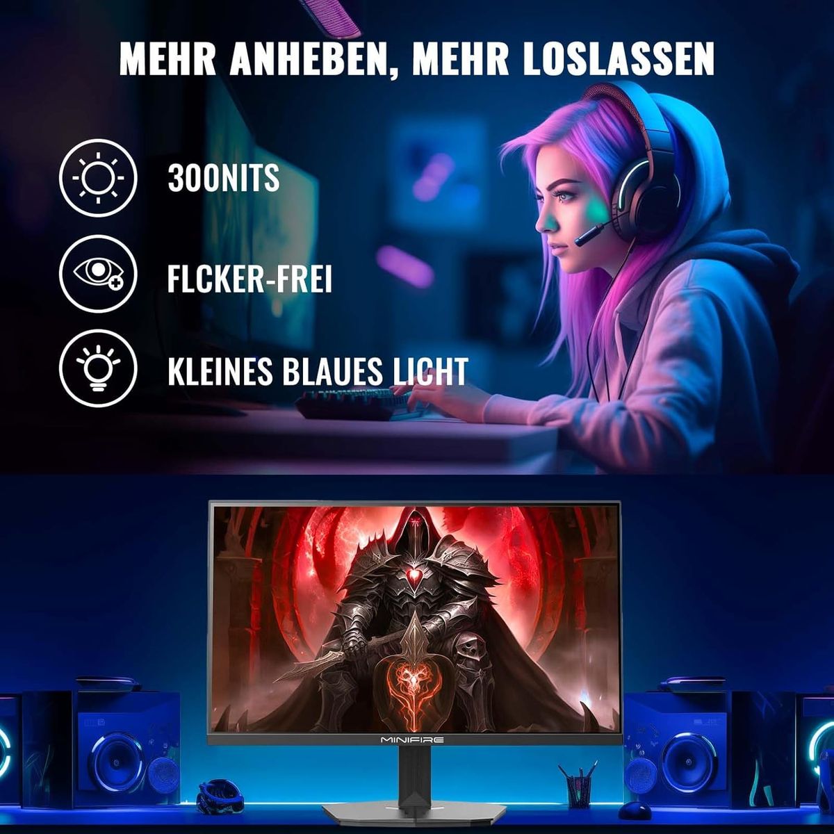 Minifire Gaming Monitor 24 Zoll, 180 Hz, 1ms, AMD FreeSync, Full HD(1920 x 1080), Rahmenlos Bildschirm, Einstellbar, 300Nits, sRGB 110%