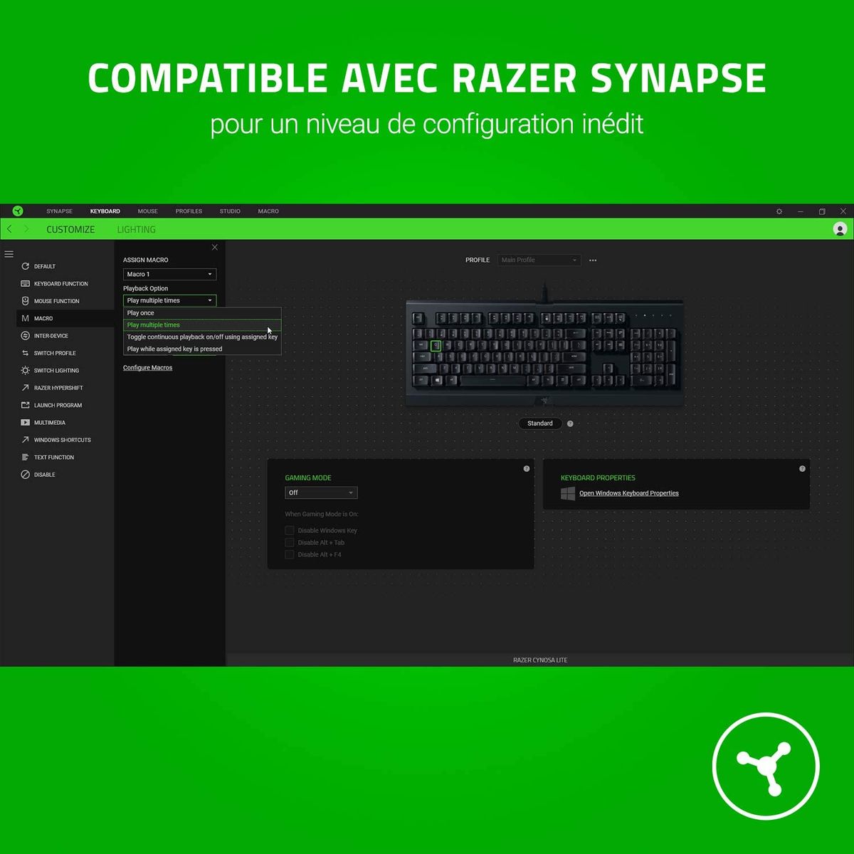 Razer Cynosa Lite Gaming Keyboard Membrane Switches TKL Chroma RGB FRA Layout AZERTY