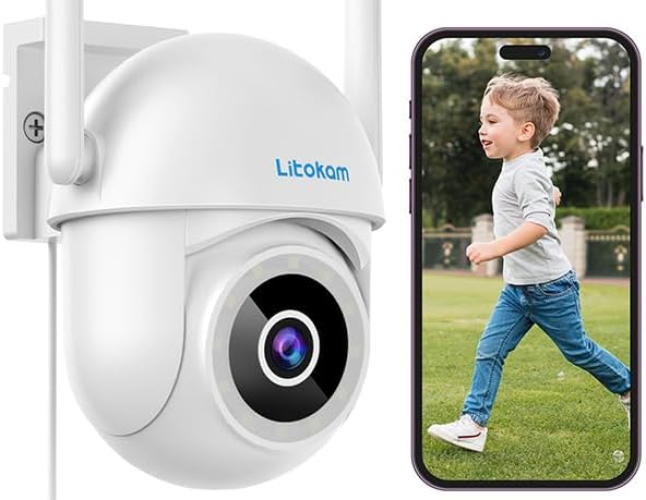 litokam Überwachungskamera Aussen, 4MP WLAN Kamera Outdoor mit Bewegungserkennung, Zwei-Wege-Audio, 360° PTZ Kamera überwachung aussen, WLAN Überwachungskamera Außen für Babyphone mit Alexa 1 Stück-2.4Ghz Weiß