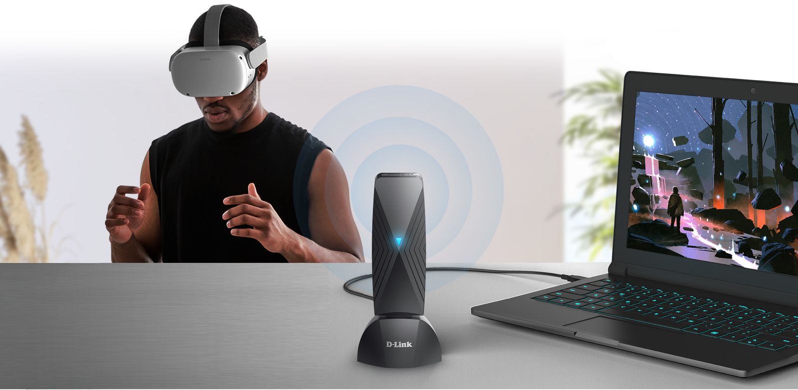 D-Link DWA-F18 - VR Air Bridge (Dedizierte Wireless-Verbindung vom Gaming-PC zum Meta Quest 2/ Quest3/ Meta Quest Pro, VR für 360° Bewegung - unterstützt Oculus App)