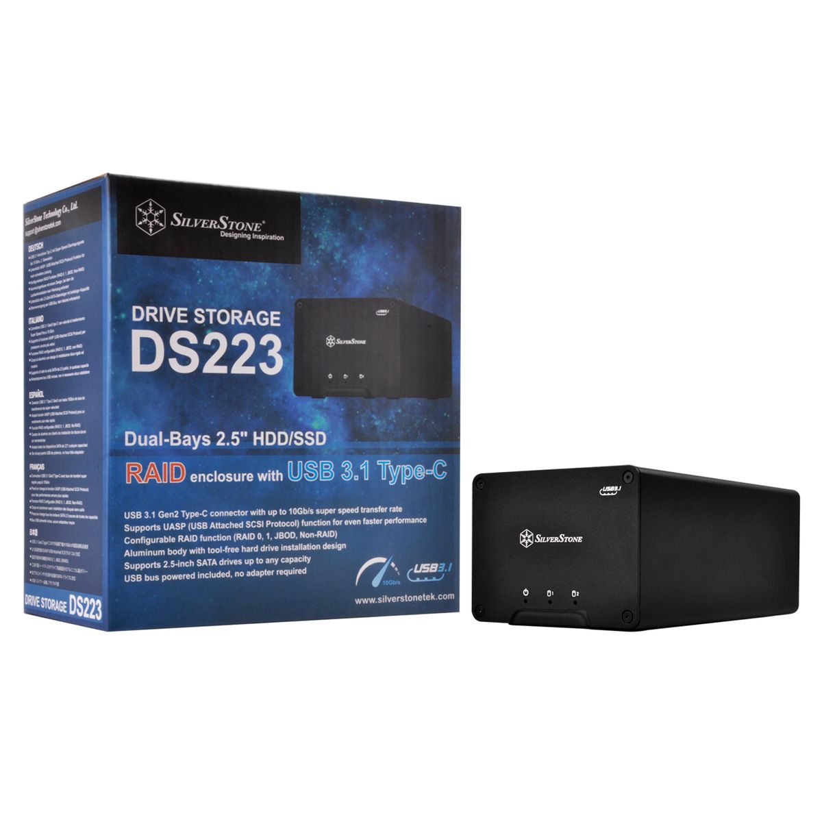 SilverStone SST-DS223, Externes 2,5-Zoll HDD/SSD-Gehäuse, 2 Einschübe, RAID 0/1/JBOD, USB 3.2 Gen 2 (10 Gb/s) Typ-C, UASP, Aluminium, Schwarz