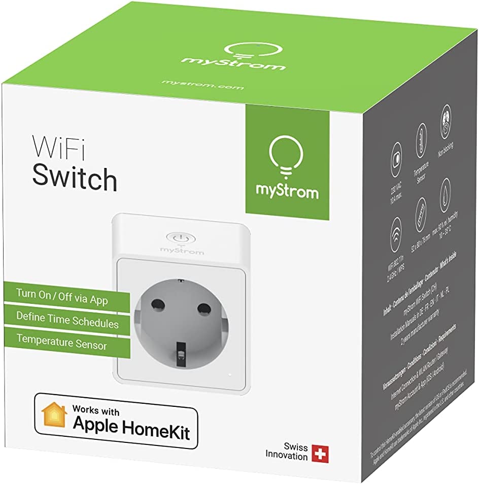 myStrom Wi-Fi Switch schalten Stromverbrauch Stromerzeugung von Mini-PV-Anlagen messen analysieren Works with Apple HomeKit App- Sprachsteuerung IFTTT