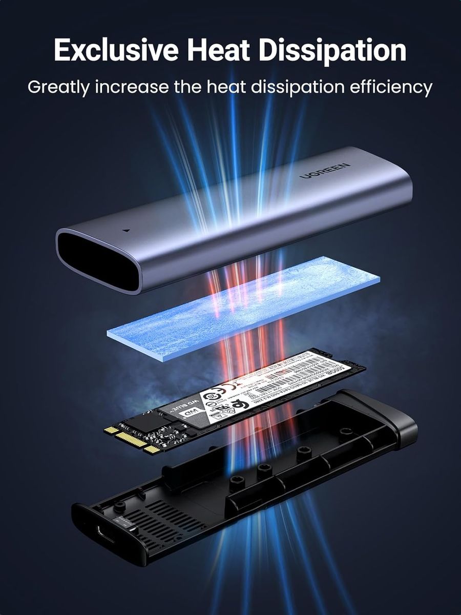 UGREEN M.2 NVMe SSD Gehäuse, USB 3.2 Gen 2 10 Gbps für NVMe PCIe M-Key/M+B Key 2230/2242/2260/2280, Aluminium, inkl. USB-C-Kabel