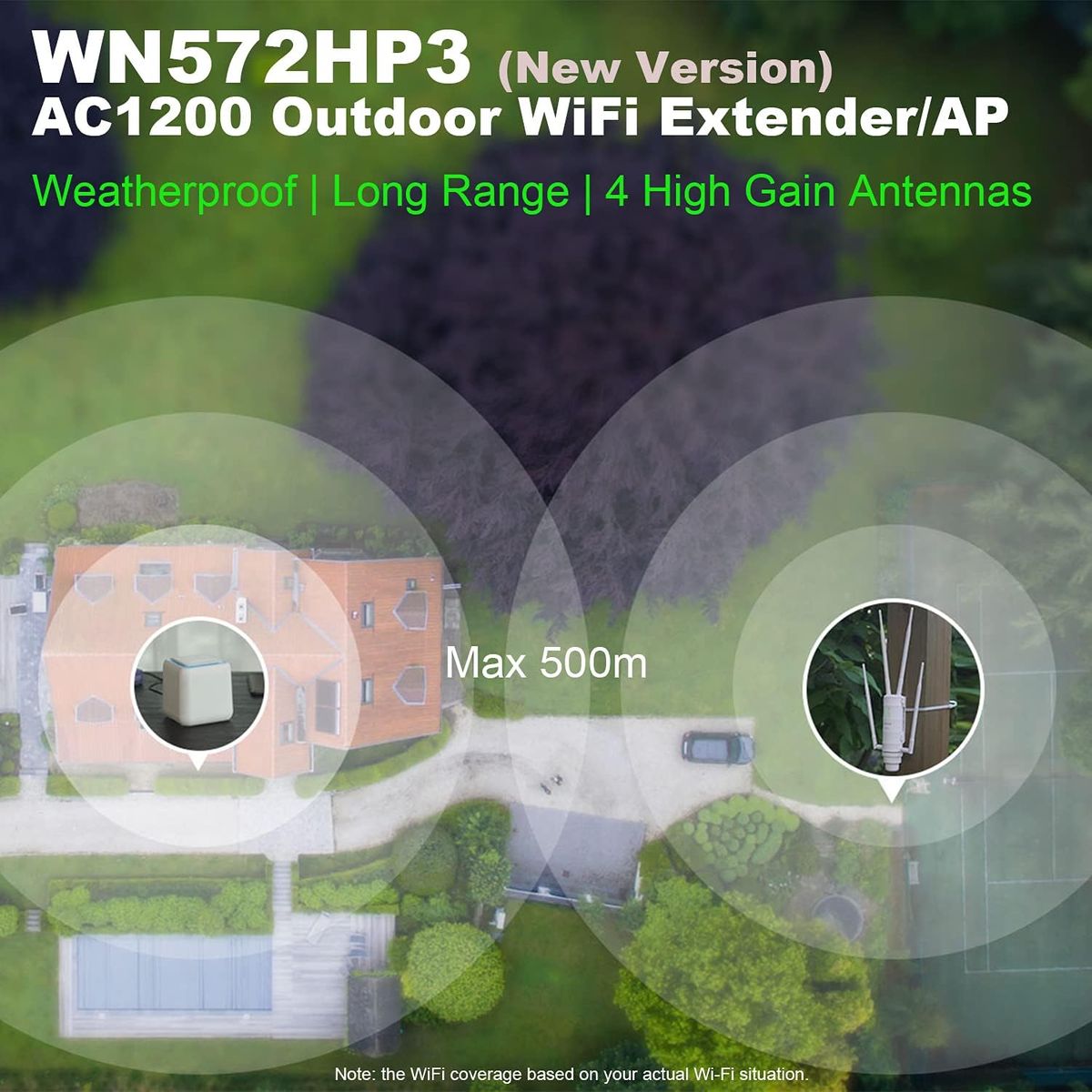 TamperSeals Dualband 2.4+5G 1200Mbit/s Outdoor WLAN Access Point/Wireless Mesh Repeater/WiFi Extender (1xGigabit LAN-Port, 24V Passiv PoE, 2x2 MIMO, Hohe Reichweite 500m, Wetterfestes, 4x7dBi Antennen, WN572HP3)