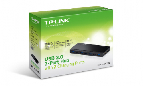 TP-Link UH720 7-Port USB 3.0 HUB + 2 Ladeports (2,4A) für Tablet und Smartphone, inklusive Netzadapter und USB 3.0 Kabel, bis zu 5 Gbit/s, Hot Swapping, unterstützt Windows, Mac OS, Linux, schwarz