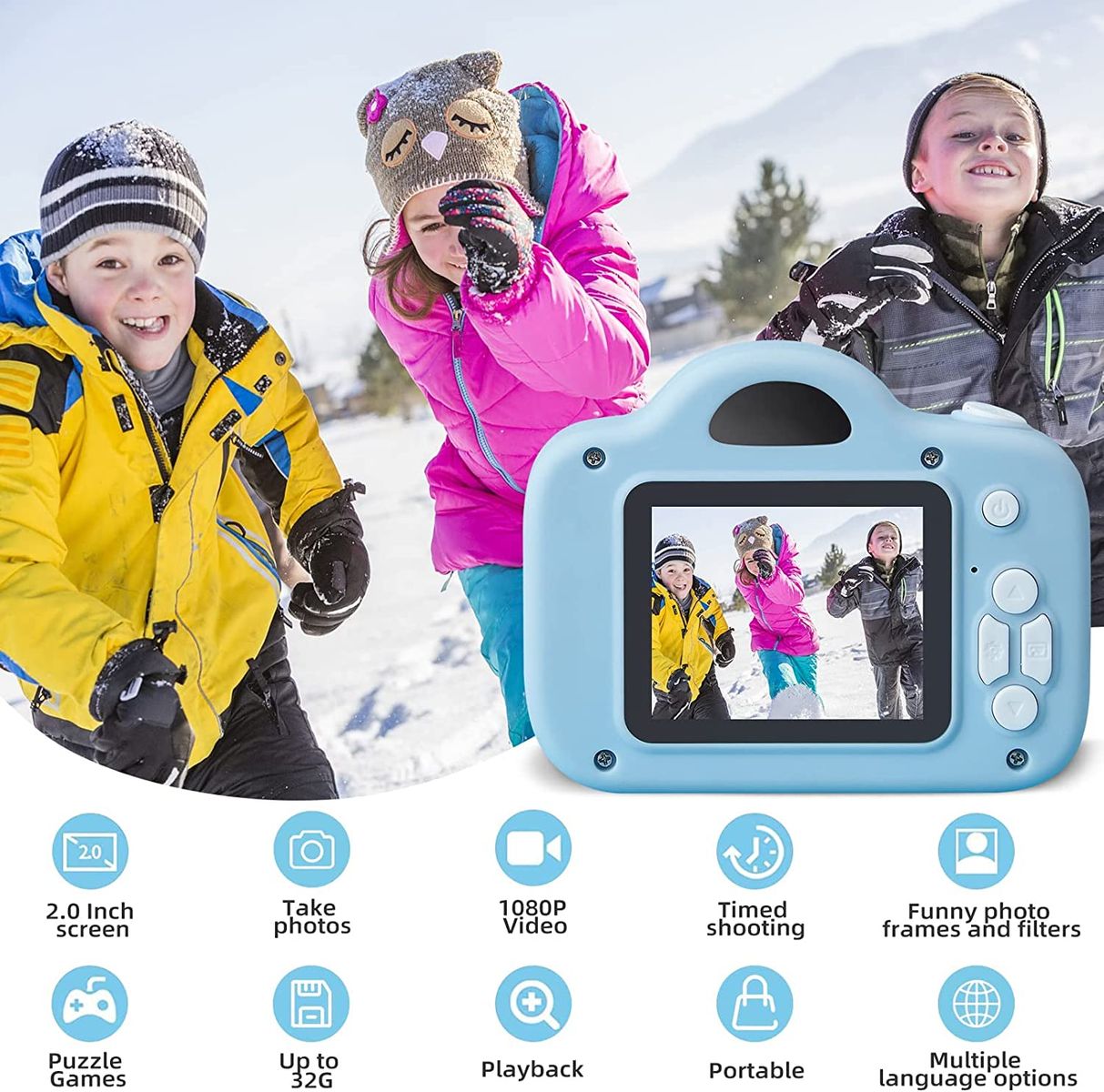 iPatio KinderKamera Digitalkamera Kinder Kamera für 3 bis 12 Jahre Alter Jungen und Mädchen Spielzeug Geschenke Fotoapparat Kinder mit 2,0 Zoll Bildschirm/HD 1080P/32GB SD-Karte (Blau)