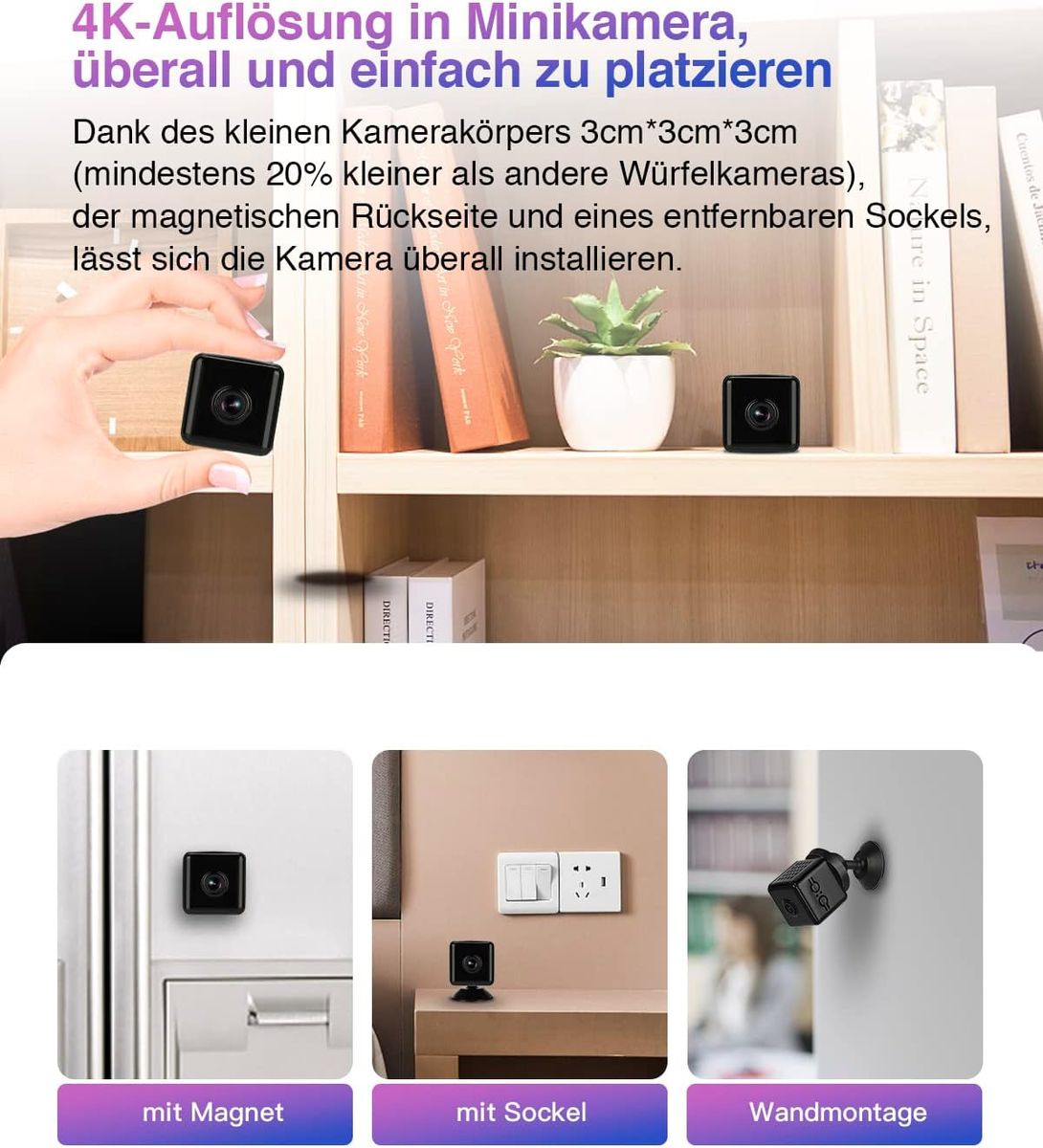 HiKam HI-01-05 Mini Überwachungskamera Akku 800mAh Innen 4K 8MP 150° Nachtsicht Bewegungsmelder Wi-Fi App MicroSD bis 128GB USB