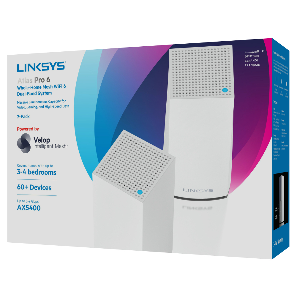 Linksys Atlas Pro 6 Velop Dual-Band-Mesh-WiFi 6-System (AX5400) WLAN-Router, Repeater, Extender mit bis zu 500 m² Funkabdeckung, 4-mal schneller, für mehr als 60 Geräte – 2er-Pack, Weiß AX5400 | Dual-Band 2 Pack | 2-3 Bedrooms