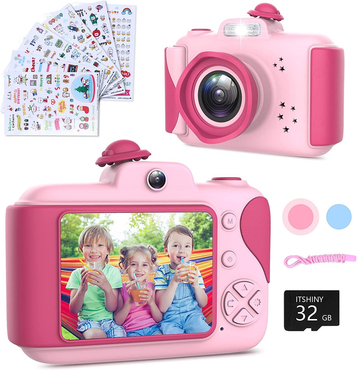 ‎ITSHINY Kinderkamera - Digitalkamera Kinder mit 2,4 Zoll Großbildschirm 1080P HD 12MP Eingebaute 32GB SD-Karte USB Wiederaufladbare Selfie Kamera für 3-10 Jahre Alter Mädchen Geburtstag Kinder Spielzeug Rosa
