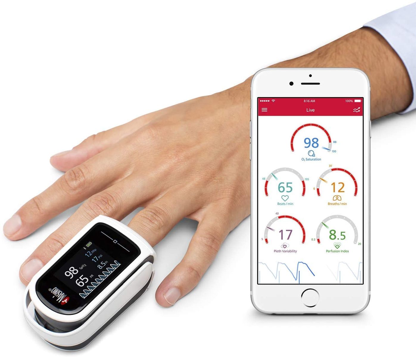 Masimo MightySat - Digital Finger Saturimeter | Measures and Records Physiological Values | Oxygen Saturation | Heart Rate and Respiration | Bluetooth | Compatible iOS and Android | White