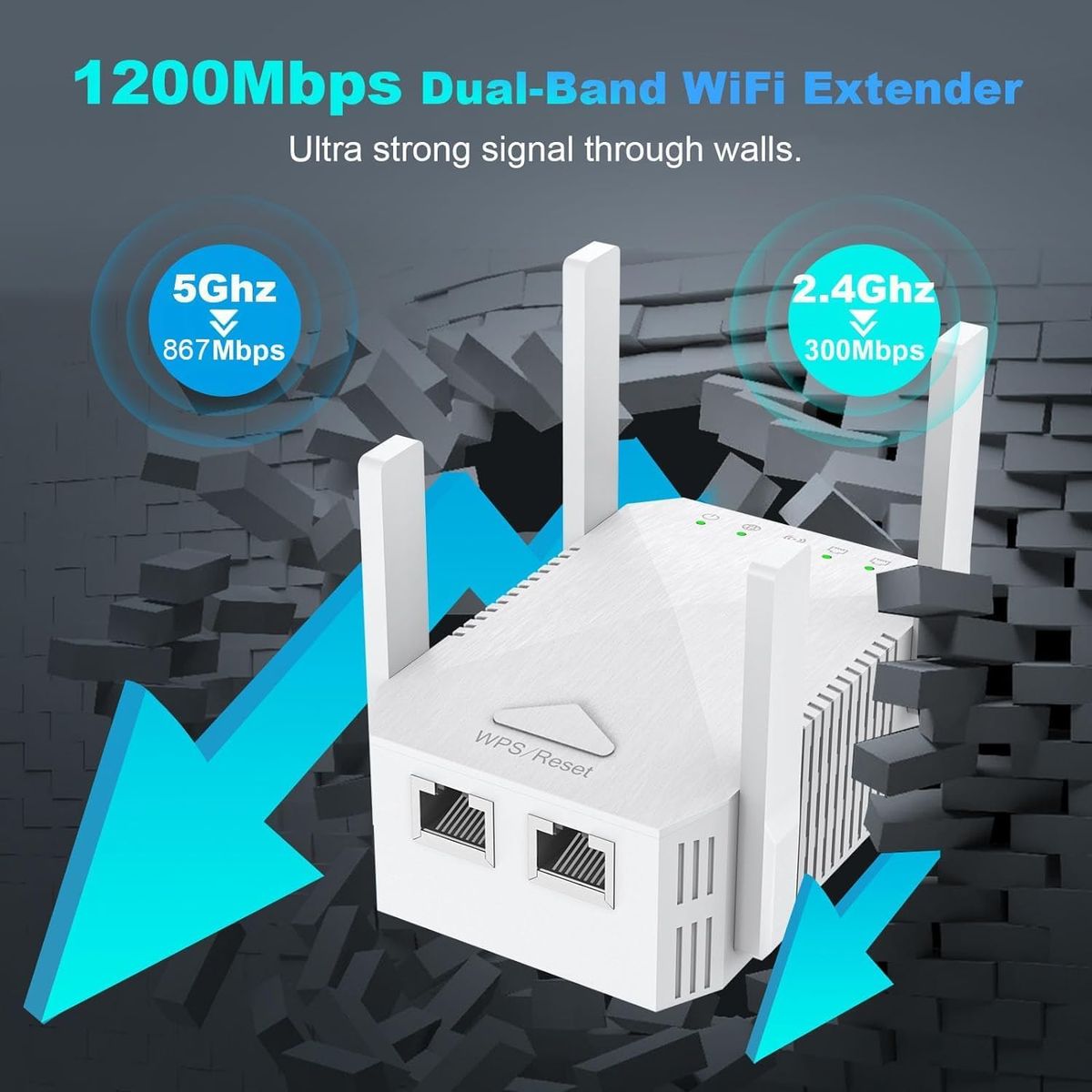 Generic LCX-ZJ300-002 WiFi Extender 1200 Mbps Dual-Band (2,4/5 GHz) Repeater, 4 Antennen, 360°, bis 910 m², Weiß, EU