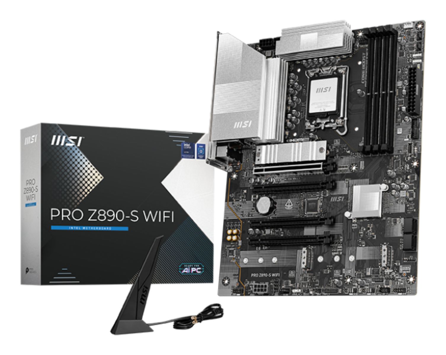 MSI PRO Z890-S WIFI Mainboard LGA 1851 (Socket V1), Intel Z890, ATX, DDR5, Wi‑Fi 7 (802.11be), Bluetooth 5.4, 2.5GbE, 3x M.2, 4x SATA III, HDMI 2.1