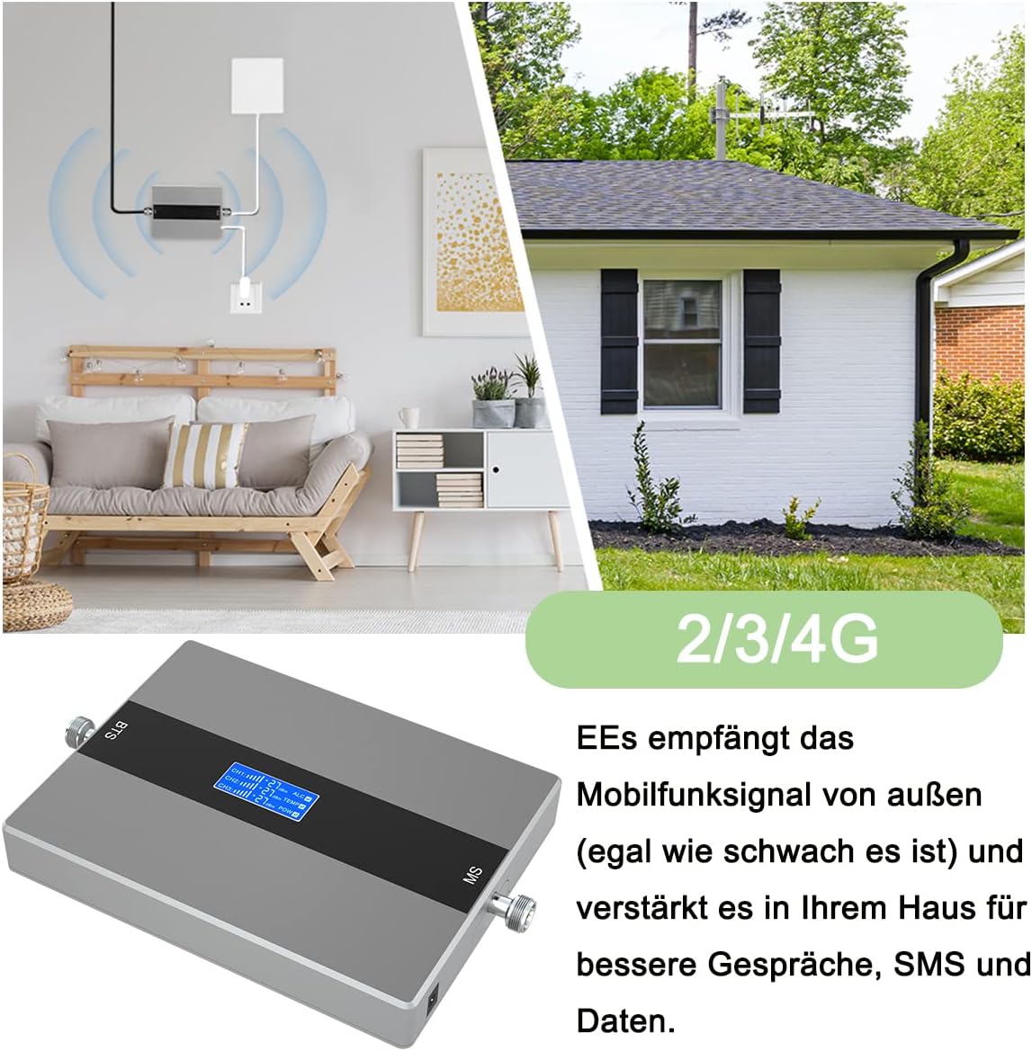 Xverycan Xverycan Mobilfunk-Signalverstärker, Tri-Band 800/900/2100 MHz, 68 dB Verstärkung, bis 150 m² Abdeckung, Außen-/Innenantenne, 10 m Kabel, EU Stecker Typ C