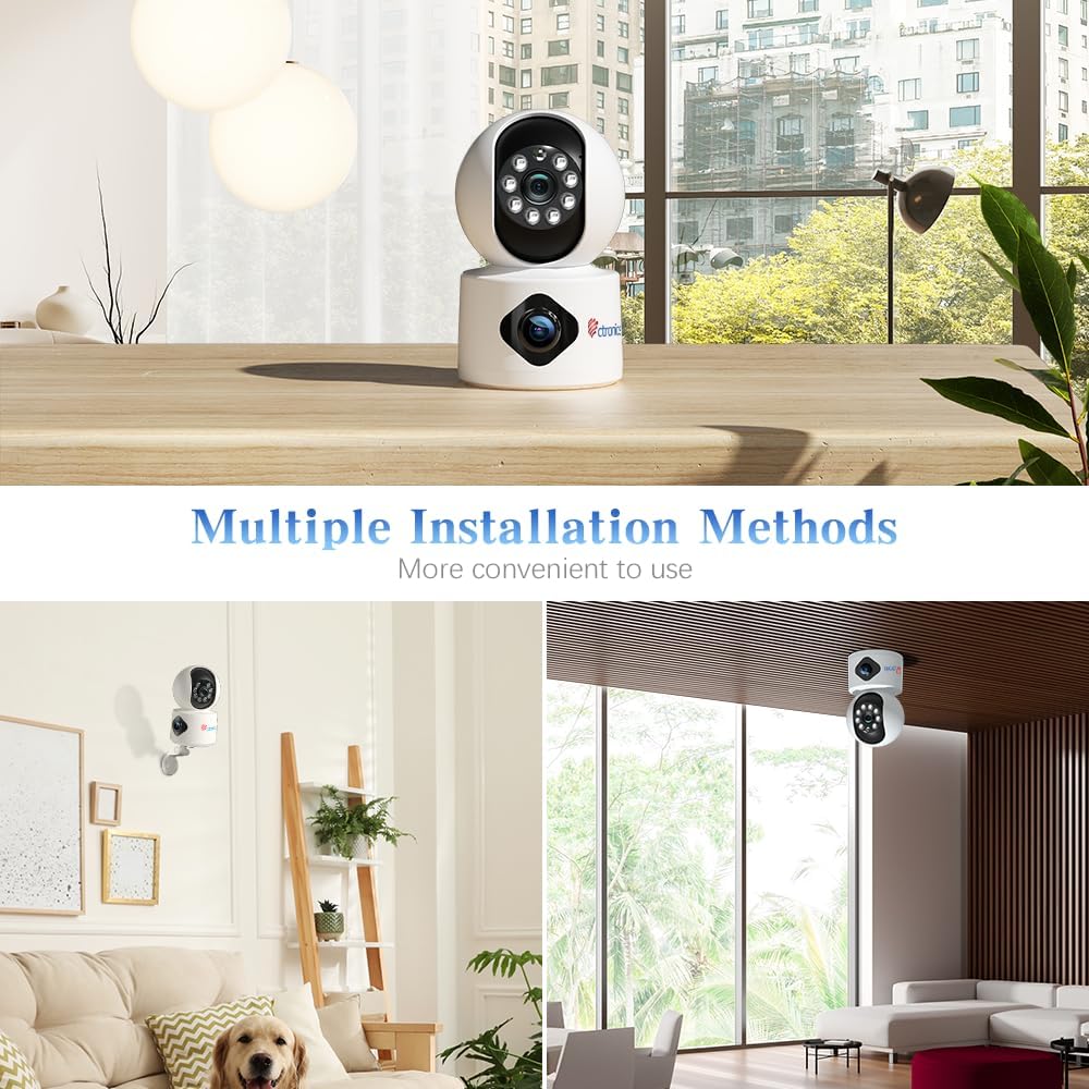 Ctronics Überwachungskamera Innen mit Dual-Objektiv, 360° PTZ Dual Kamera Indoor WLAN mit Duale Ansicht, Menschen-/Bewegungserkennung, Automatische Verfolgung, IR-Nachtsicht, 2.4GHz WiFi, 2-Wege-Audio